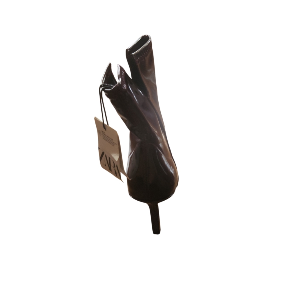 Zara Glossy Dark Brown Heeled Boots - Picture 9 of 12